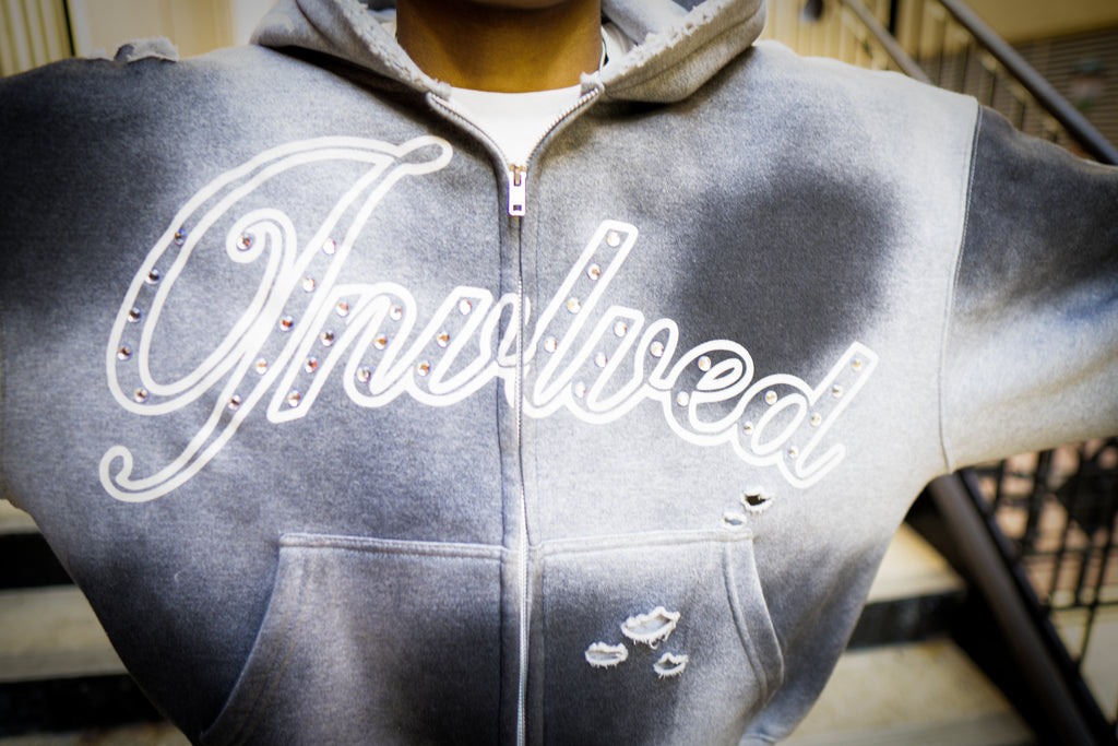 Grey “VLV” Zip-Up Hoodie